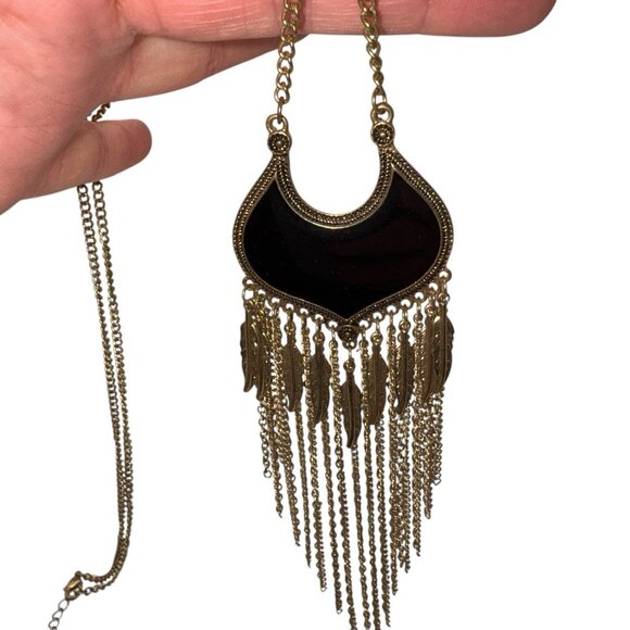 Black Enamel Amulet Goldtone Feather Very Long Necklace Tassels BOHO Ethnic Goth - Picture 5 of 9